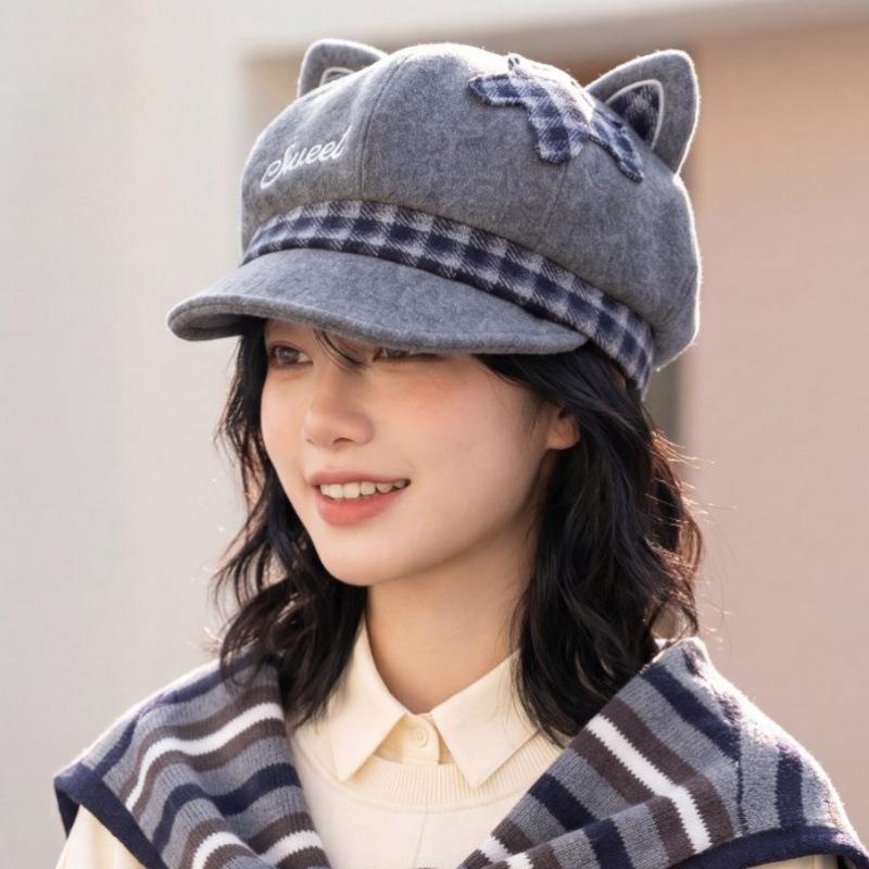 Cartoon Cute Cute Cat Ears Octagonal Hat Female Splicing Cap Showing Small Face Big Head Circumference Embroidery Hat Tide