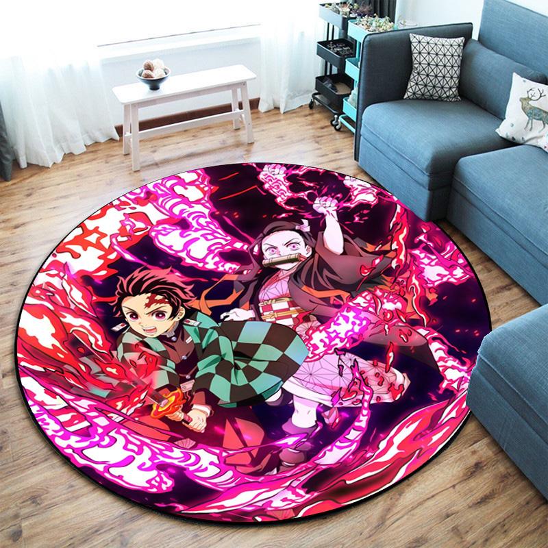 Classic Japanese-style Cartoon Demon Slayer Round Rug, Home Soft Decorative Anti-slip Yoga Mat and Chair Mat, Outdoor Floor Mat Carpet K13