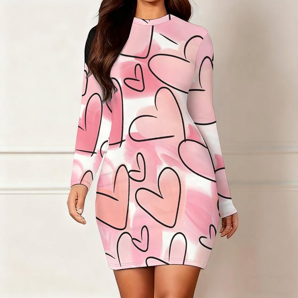 Podzim a zima 2025 Nové dámské módní šaty s 3D potiskem a barvením s motivem srdce, s dlouhým rukávem, kulatým výstřihem, obepínající boky, limitovaná edice ke Dni svatého Valentýna