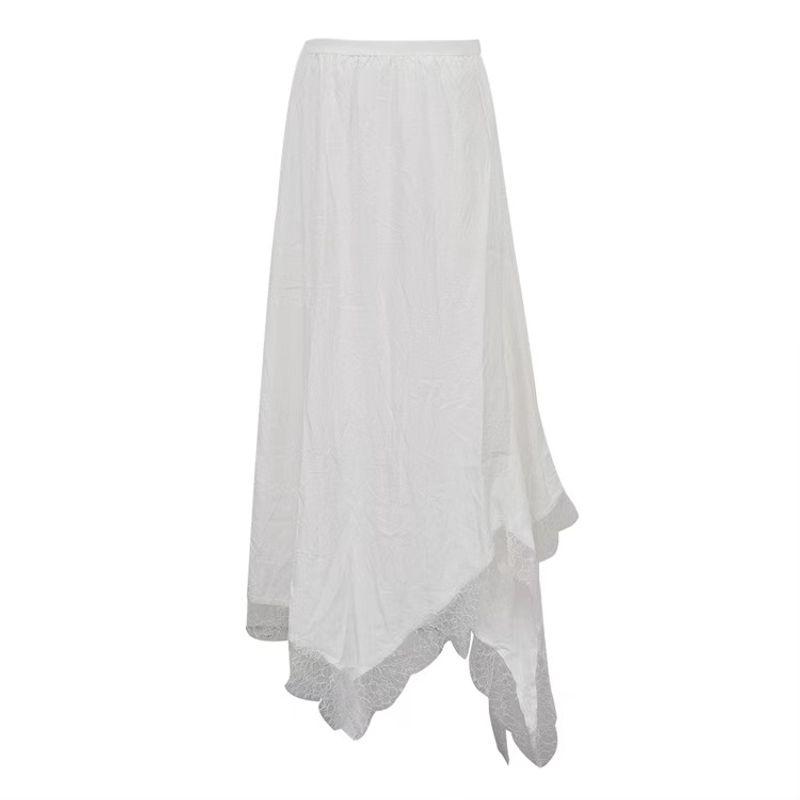 

Fashion Style Elastic Waist A- line Skirt Ruched Asymmetrical Lace Stitching Skirt Pleated Lace Skirt White L