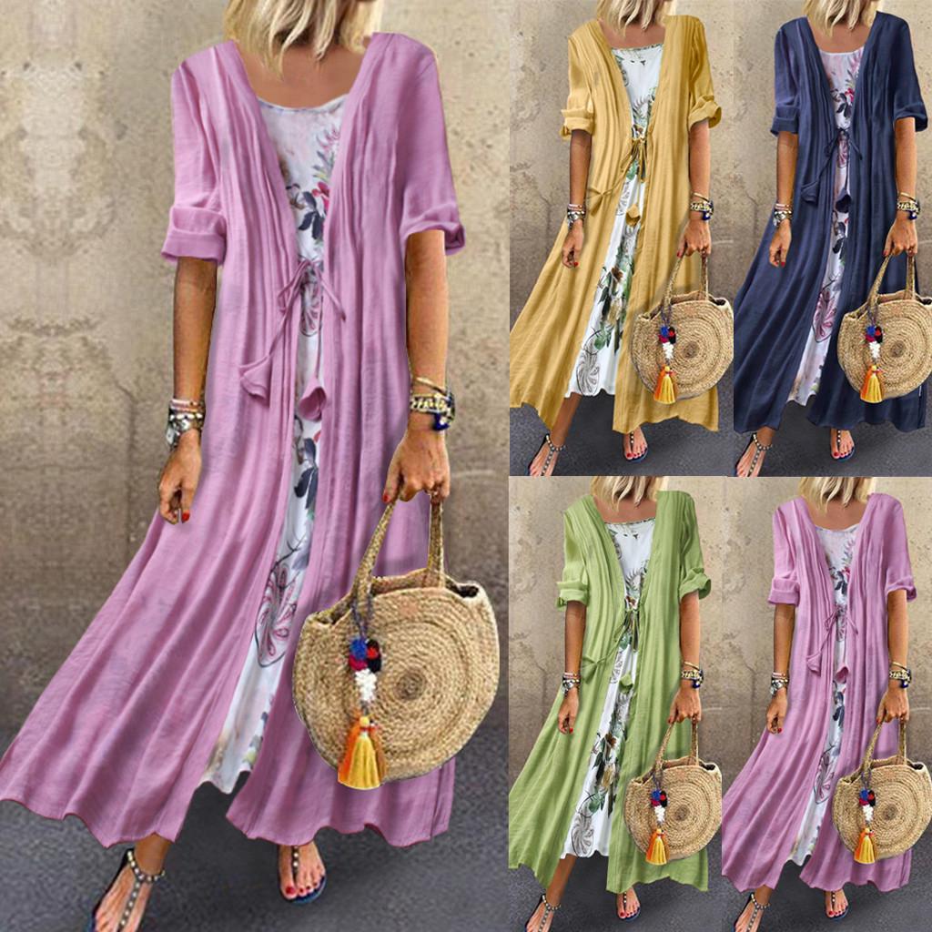 

Женщины Винтаж Boho O-neck Цветочный принт Кружево Две части 3/4 Рукав Платье