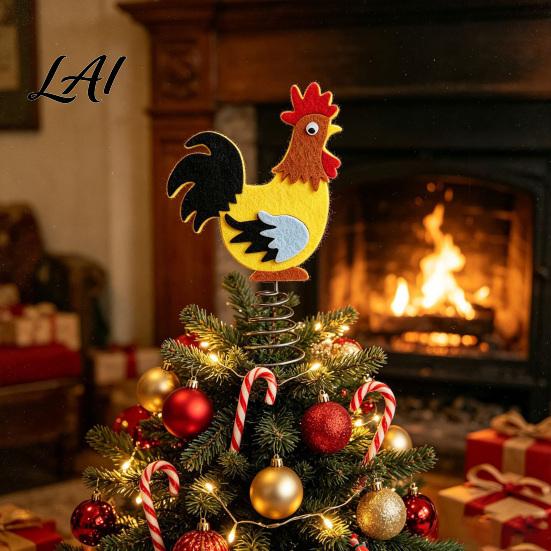Farmhouse Cork Decoration Felt Rooster Christmas Tree Topper Xmas Top Cock Decoration Decor Animal Topper with Metal Spring Base Party Supplies