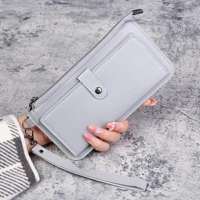 Leather Women Wallets Luxury Long Hasp Fold-over Pattern Coin Purses Female Solid Colors New Thin Clutch Phone Bag
