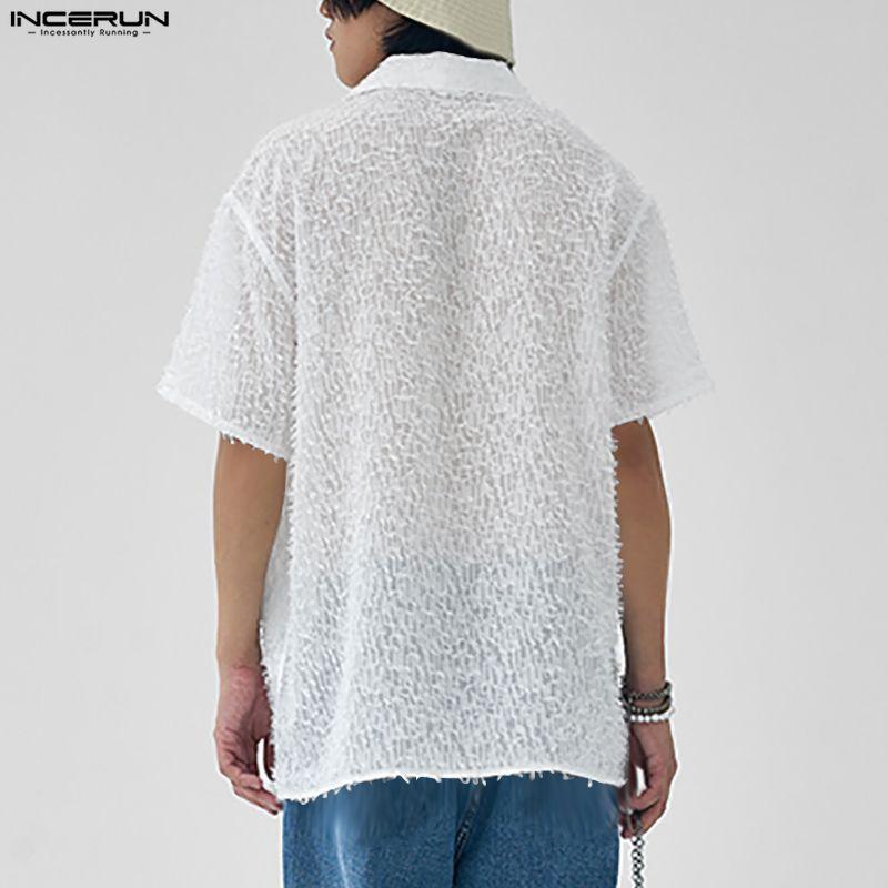 INCERUN Oversized Men Lapel Neck Short Sleeve Tassel Texture Casual Loose Shirts