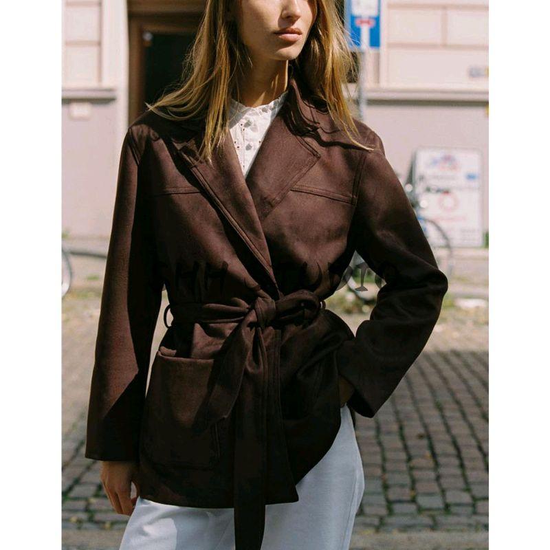Fall New Women's Clothing French Style with Belt Lapel Long Sleeves Suede Effect Jacket Outwear 4968221