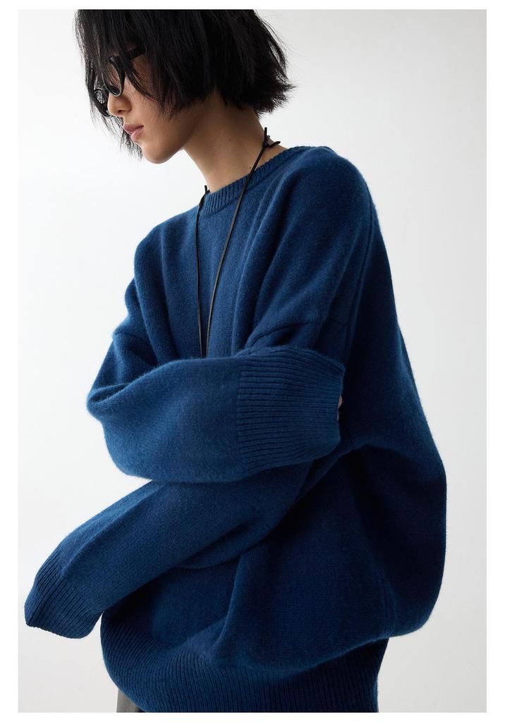 Blues Moment Wool Blend Korean Casual Loose Round Neck Sweater