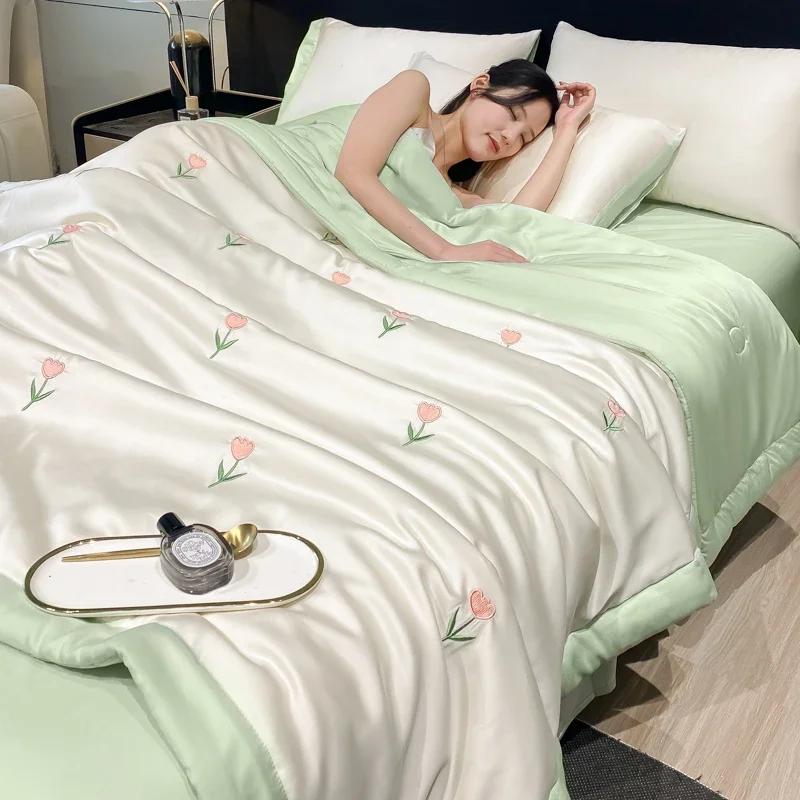 Set de plapumă de primăvară-vară brodat de înaltă calitate, set de 4 piese sau set de 3 piese sau 1 bucată pătură de vară de lux prietenoasă cu pielea, plapumă ușoară