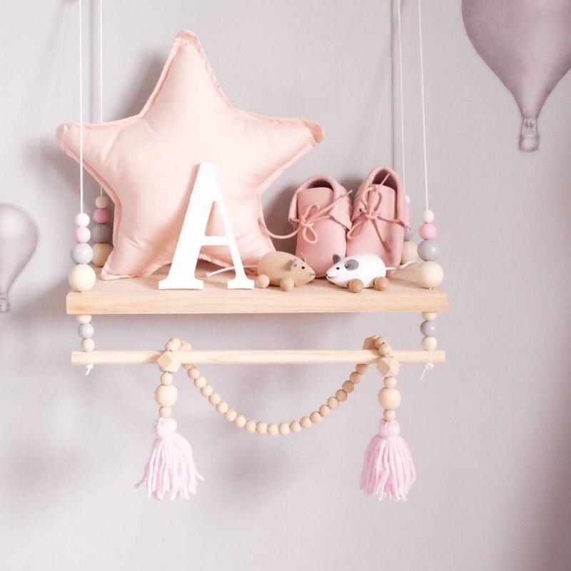 Nordic Style Wooden Beads Wall Hanging Shelf Swing Rope Floating Shelves Display Storage Rack Decor For Home, Office, Cafe