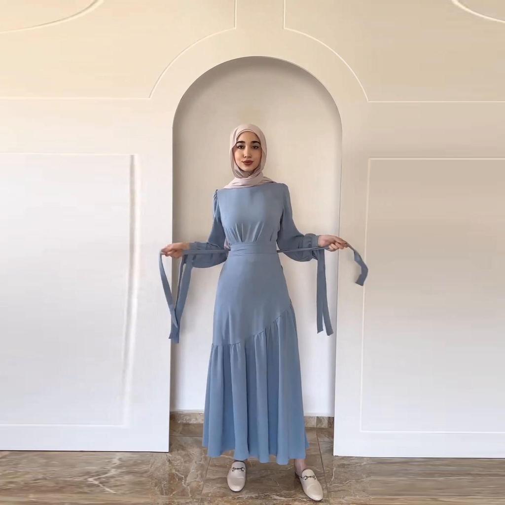 In Stock: 2024 Spring Dubai Long Sleeve Tie-Up Midi Dress Set