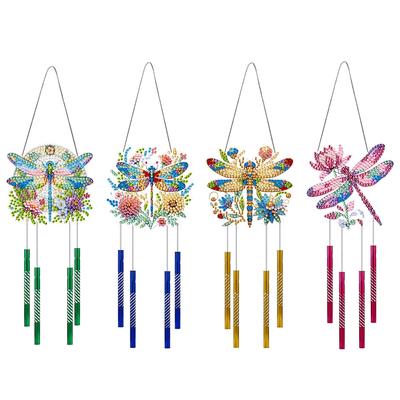 4Pcs Double Sided Acrylic Dragonfly Flower Wind Chimes DIY Diamond Kits DIY Rhinestones Wind Chime Kit for Garden Window Decor