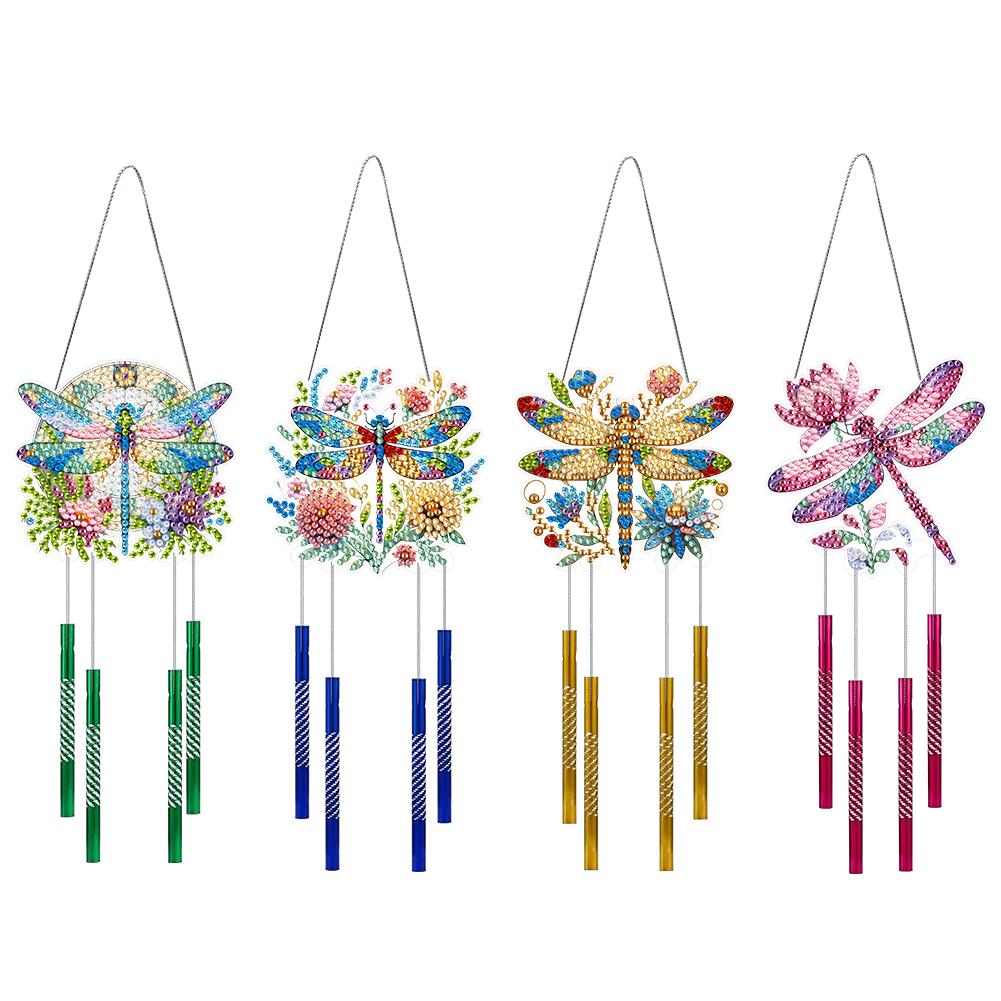 

4Pcs Double Sided Acrylic Dragonfly Flower Wind Chimes DIY Diamond Kits DIY Rhinestones Wind Chime Kit for Garden Window Decor