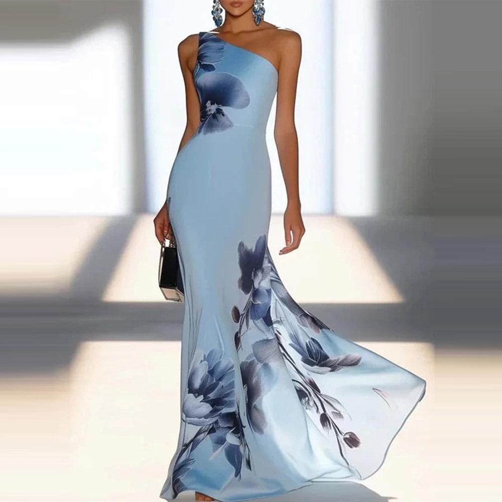 European and American Style New, Blue Printed Shoulder Dress Elegant Temperament Banquet Dress Dress Dress