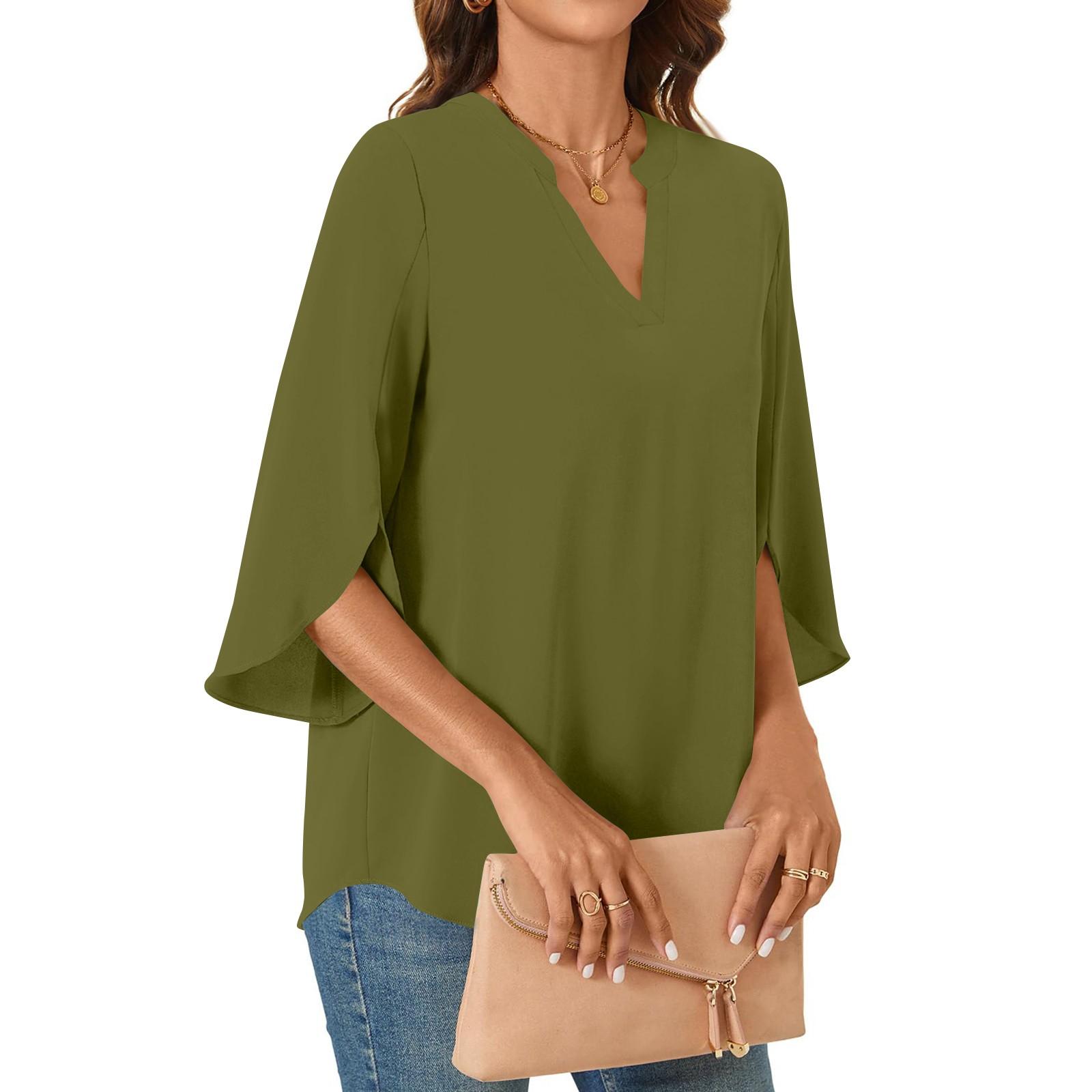 

Женские топы 3/4 ярусные рукава-колокольчики V-образный вырез блузки рабочие туники рубашки L армия зеленый