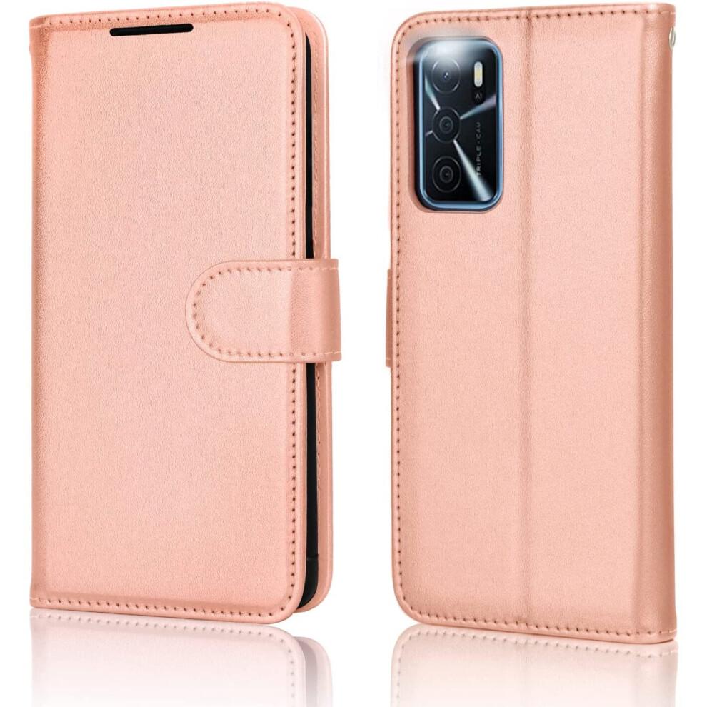 Leather Wallet Case for Oppo A16s, Flip Protective Case Cover with Wallet Card Holder, Stand & Wrist Strap - Rose Gold