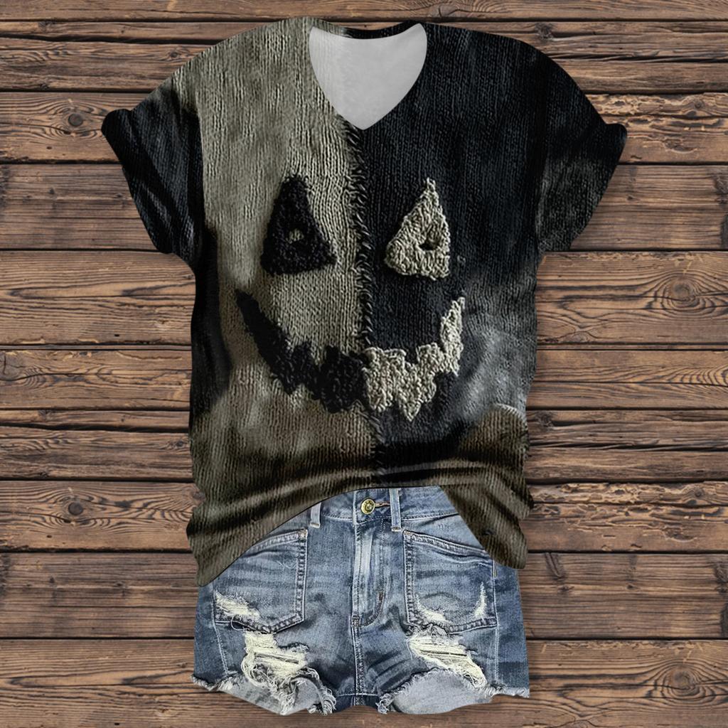 Women's Fashion Casual Three-quarter Sleeve Halloween Letters,  Face Print Top