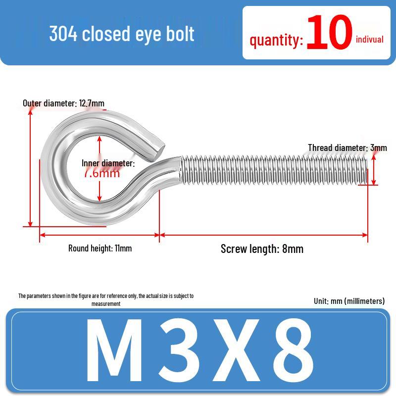 304 Stainless Steel Eyebolt with Ring Hook – Machine Thread Closed Eye Bolt (M4 M5 M6 M8)