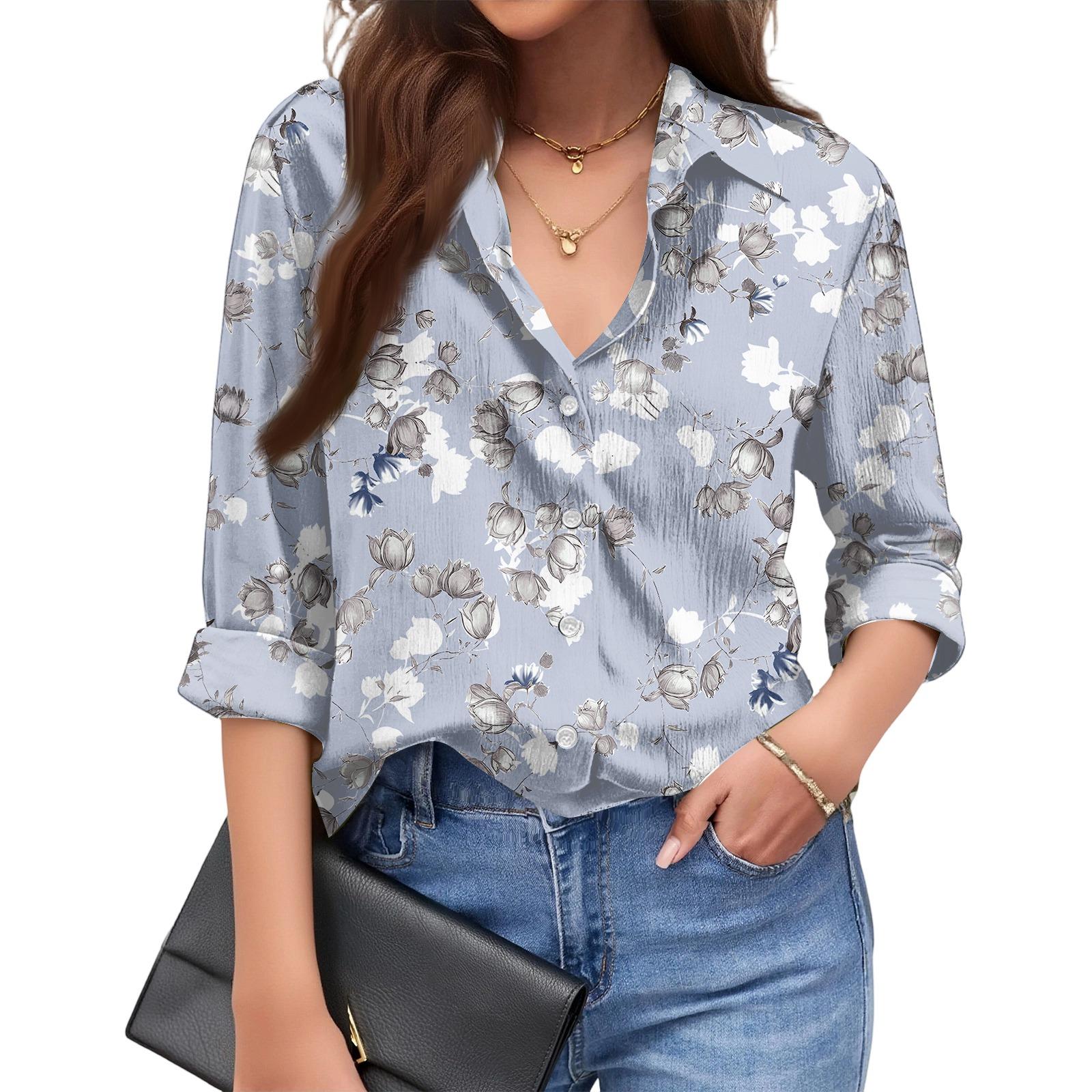 

Women s Fashionable Casual Loose Floral Print Long,sleeved Shirt XXXL