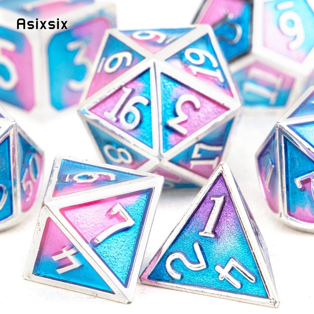 7 Pcs Blue Pink Standard Metal Dice Solid Metal Polyhedral Dice Set Suitable for Role-Playing RPG  Board Game Card Game