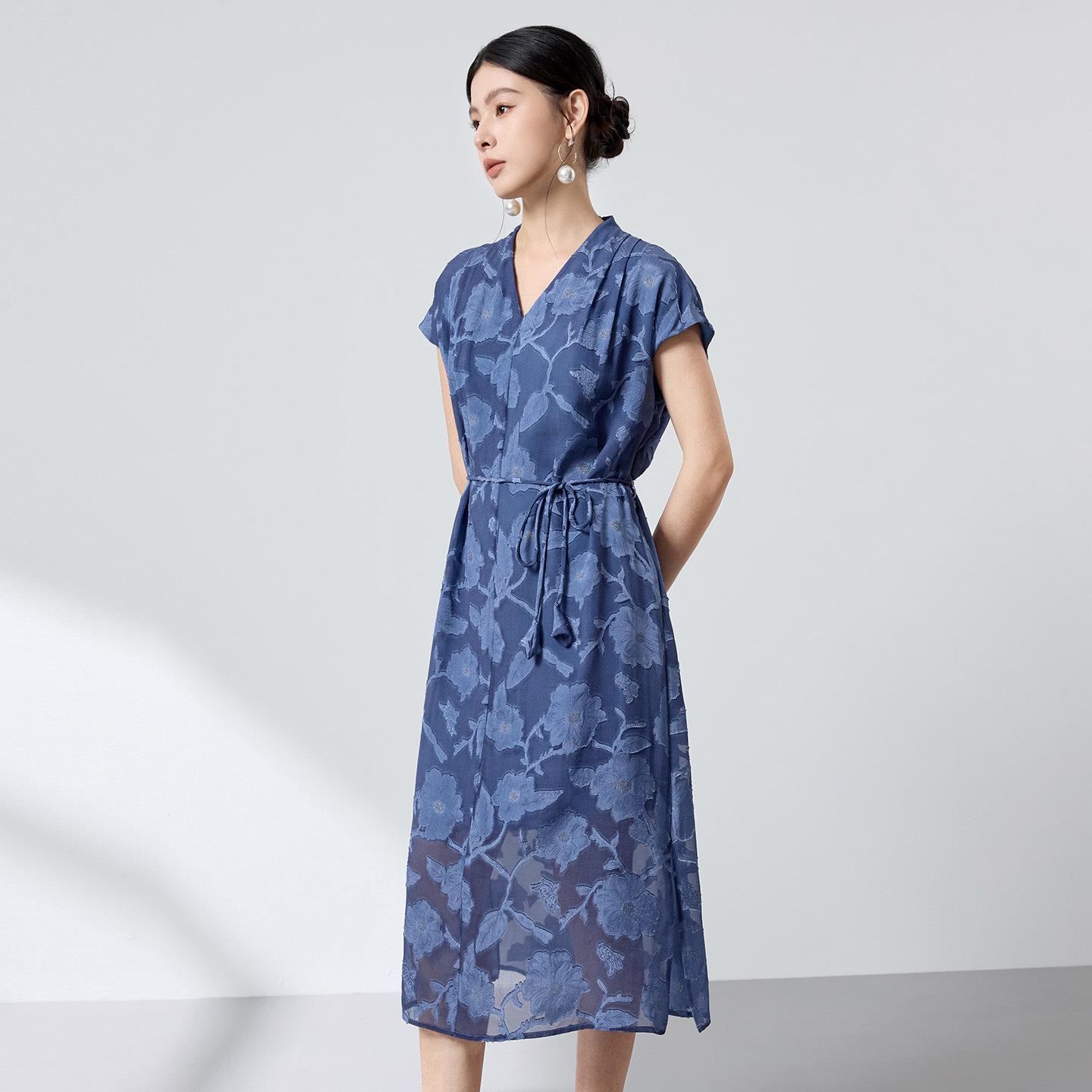 

Ink Wash 100% Mulberry Silk Georgette Dress – Cutout Flutter Sleeve, Cinched Waist, New Chinese Style (Summer 26) XXL королівський синій колір