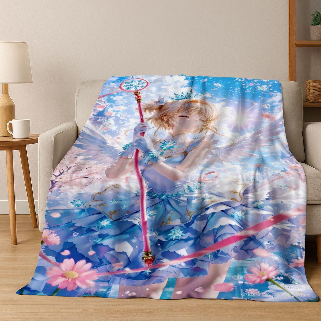Cute Cartoon Card Captor Sakura Magic Girl Anime Art Flannel Blanket,Cozy Soft Throw Blanket for Home Bedroom Bed Sofa Cover Kid