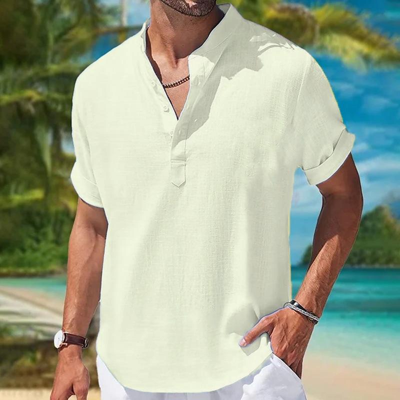 

2024 Мужские льняные рубашки с коротким рукавом, повседневная летняя однотонная рубашка американского размера L абрикосовый