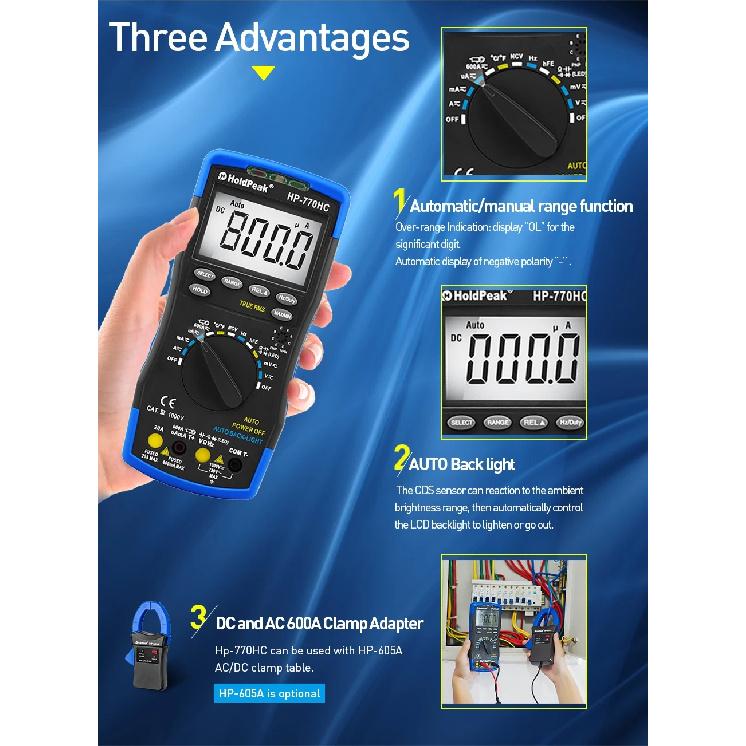Multimetro HoldPeak HP-770HC True RMS Auto Ranging Digital Multimeter with NCV Feature and Temperature/Frequency/Duty Cycle Test