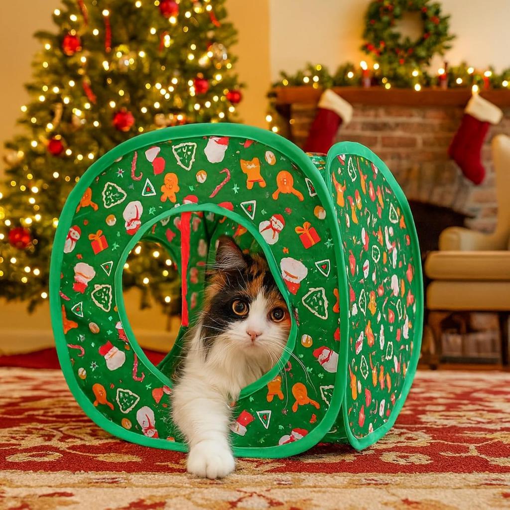 Christmas Cat Tunnel Cube Playhouse – Foldable Holiday Cat Cube with Peek Hole and Tunnel Fun for Indoor Cats