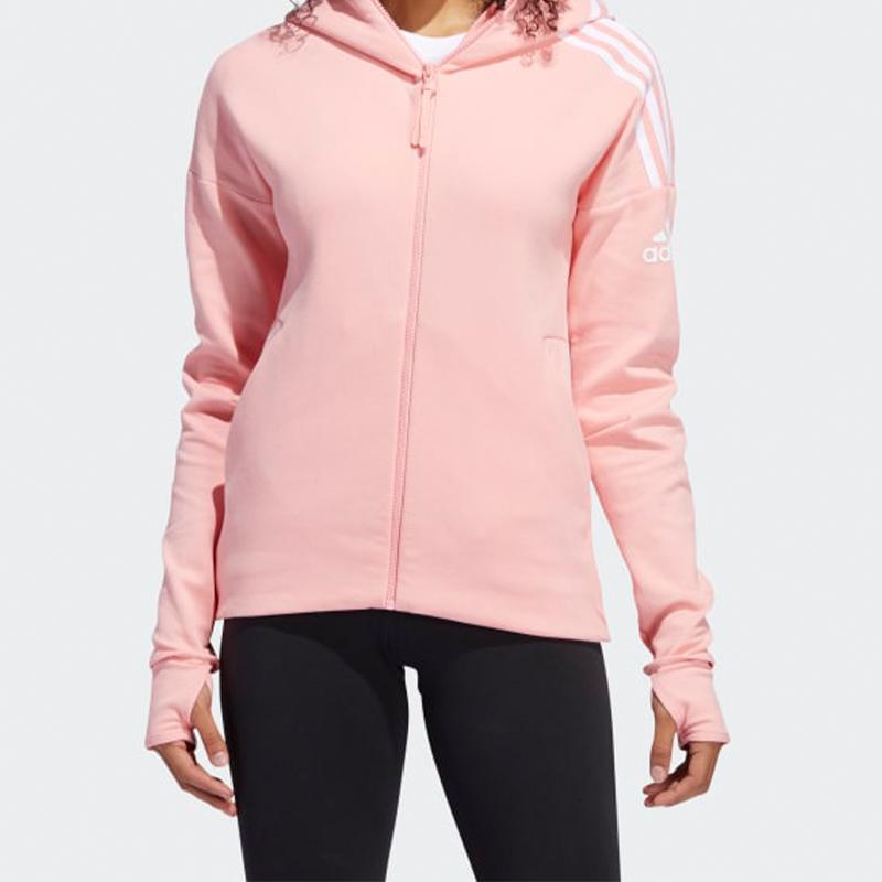 Adidas Three-Stripe Logo Print Hooded Jacket With Thumb Holes Women Jackets Pink FI6722
