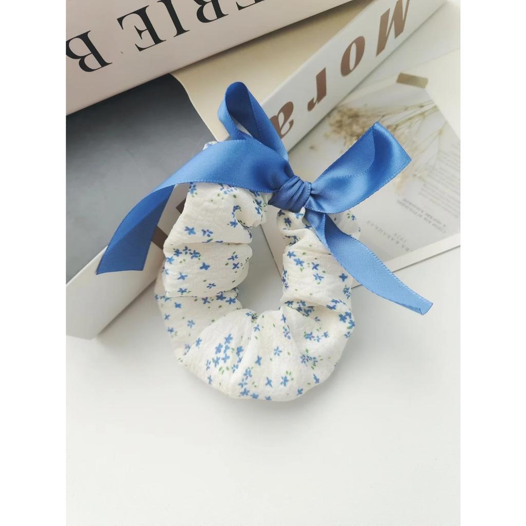 1Pcs Women's Fashionable Bow Small Floral Pattern Large Intestine Circle Hair Accessory For Daily Use