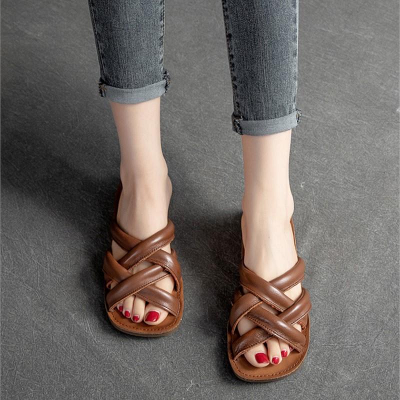 Johnature Genuine Leather Breathable Women's Flat Slippers Retro Versatile Soft Sole Roman Sandals