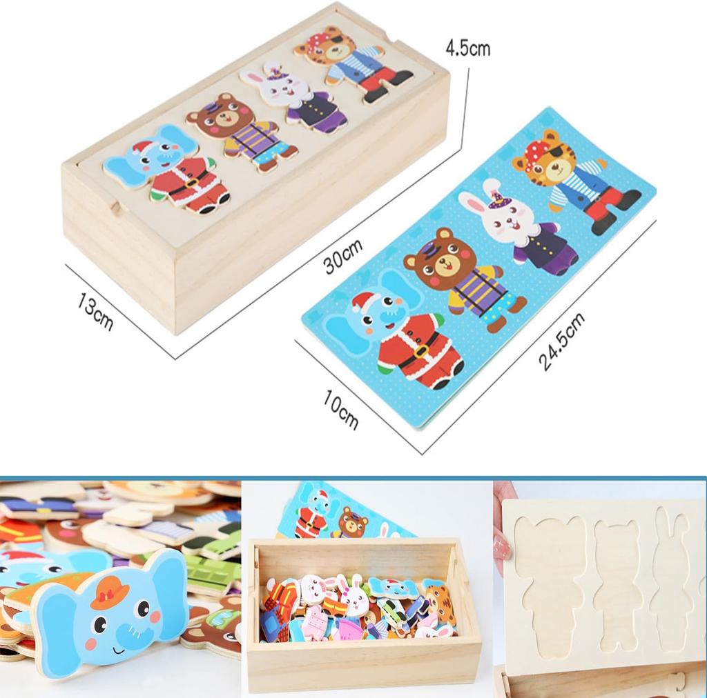 Wooden Jigsaw Bear Family Puzzle Box Bear Change Clothes Montessori Kids Early Education Wooden Dressing Game Baby Toys Gift