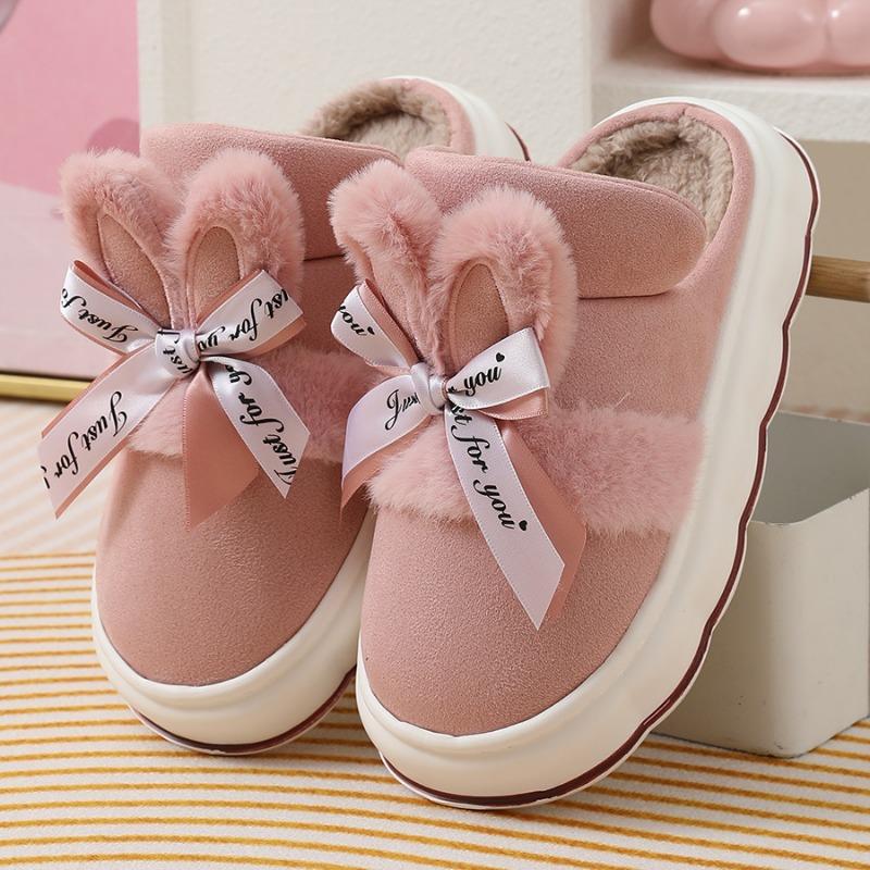 Fashion Thick Soled Women's Slippers 2024 New Winter Bow Decoration Home Interior with Plush Insulation Anti Slip Properties Platform