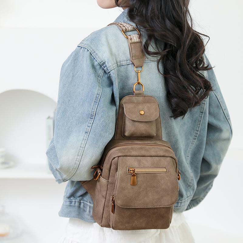 PU Umhängetasche Damen Retro Einfarbig Rucksack Pendler Brusttasche
