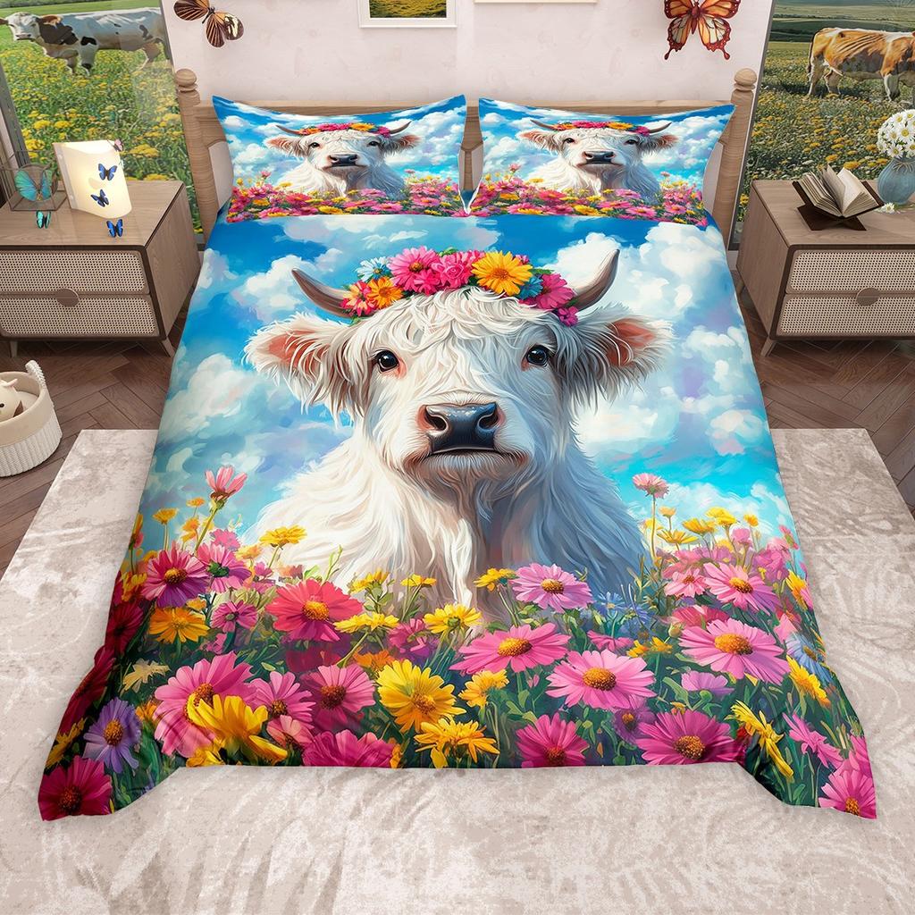 Homewish Rustic Highland Cow Duvet Cover Set, Farm Animal Bedding Set, Farmhouse Lodge Cabin Comforter Cover Set