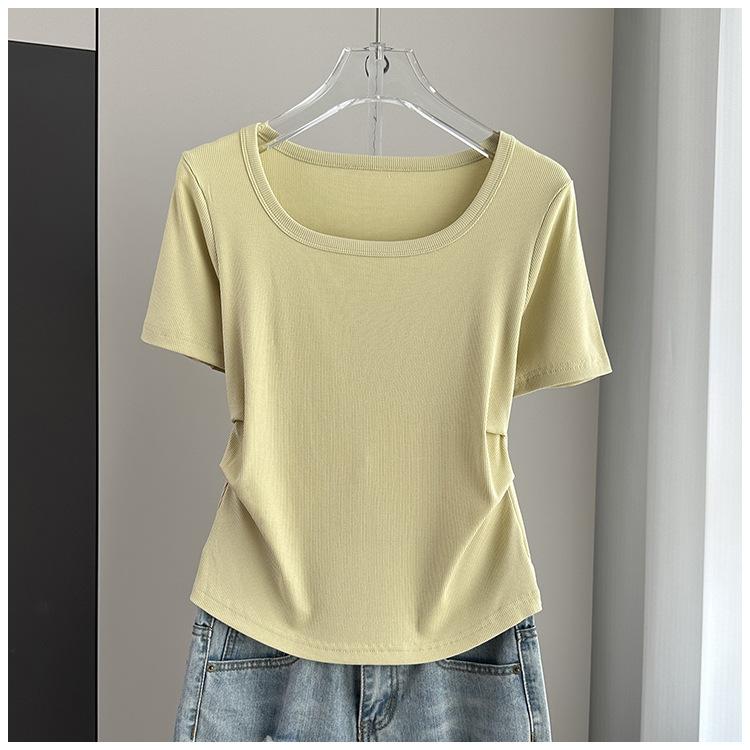 

Plus Size Square Neck Standard Sleeve T-Shirt Loose Slimming Ribbed Base Top Versatile Breathable Soft Material Flattering Slim Women Top 2XL