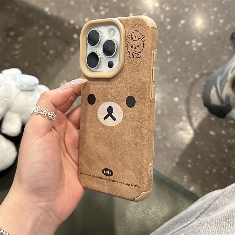 Cute Kawaii Bear Silicone Phone Case IPhone 16 Pro Max 15 14 Plus 13 12 Full Coverage Anti-Drop Brown Leather Texture
