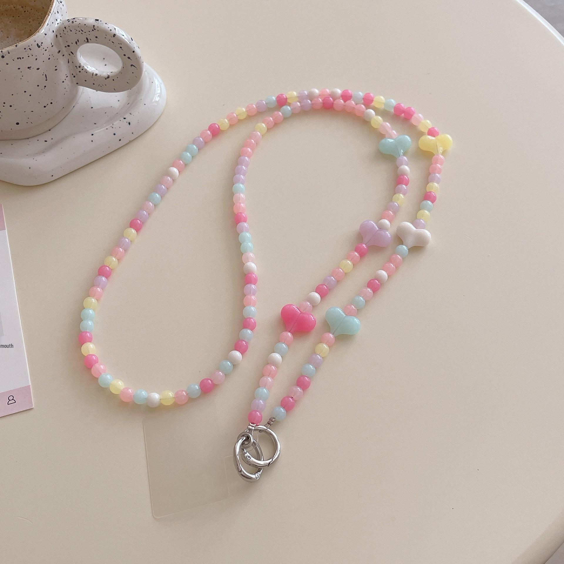 

Dopamine Candy Color Beaded Phone Case with Bow Chain Lanyard - Trendy Crossbody Design for Girls