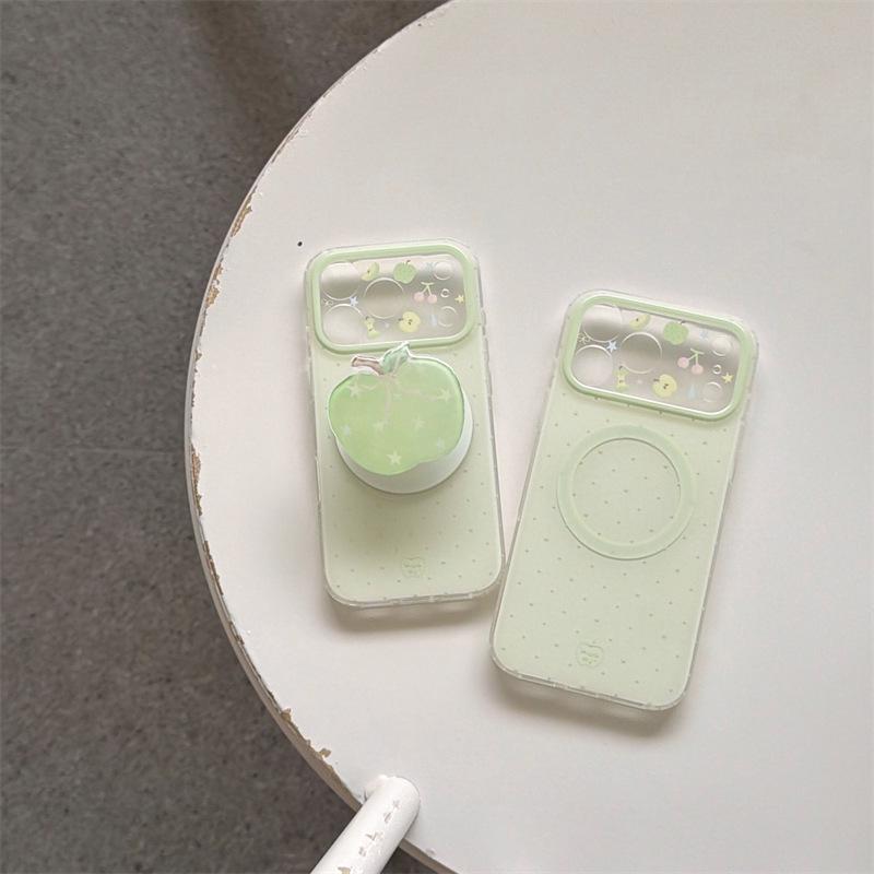 Summer Green Polka Dot Magnetic Stand & Double Layer Phone Case for iPhone 14, 15, 16, 17 Pro Max