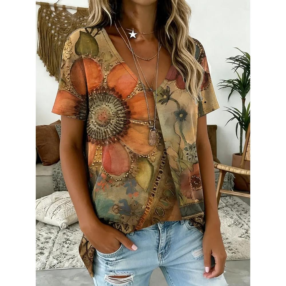Women's V Neck Short Sleeve Tops, Vintage Graphic Print, Classic Stylish Regular T Shirt for Daily  Going Out Spring & Summer