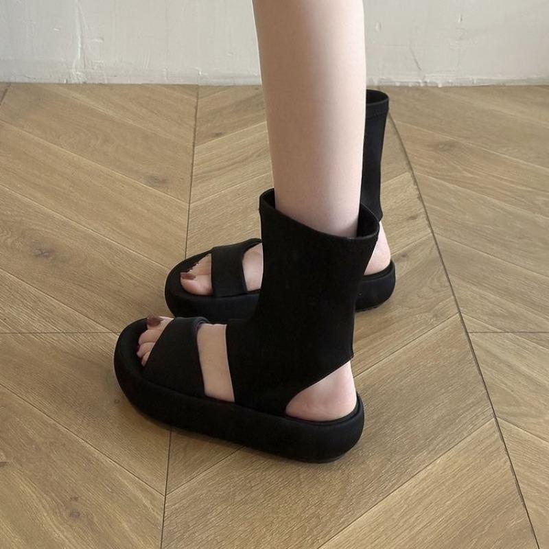 New Open Toe Boots One-word Elastic Roman Sandals Round Head Thick Bottom Waterproof Platform Non-slip Versatile Women's Shoes