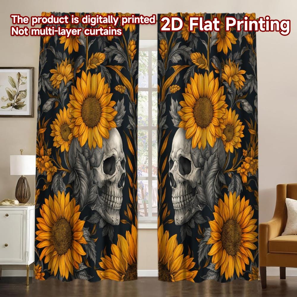 2D FLAT PRINTING 2pcs Curtains (Without Rod) Halloween Skulls with Sunflowers Popular Creative Curtains 100% Polyester Curtains