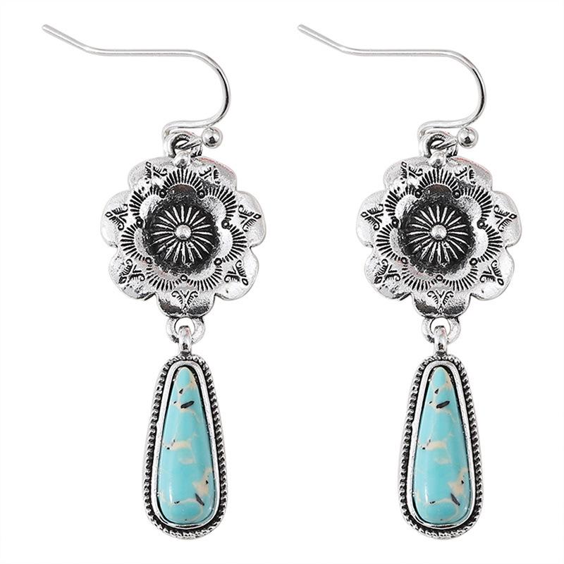 Bohemian Retro Alloy Pendant Earrings with Inlaid Turquoise and Artistic Carvings