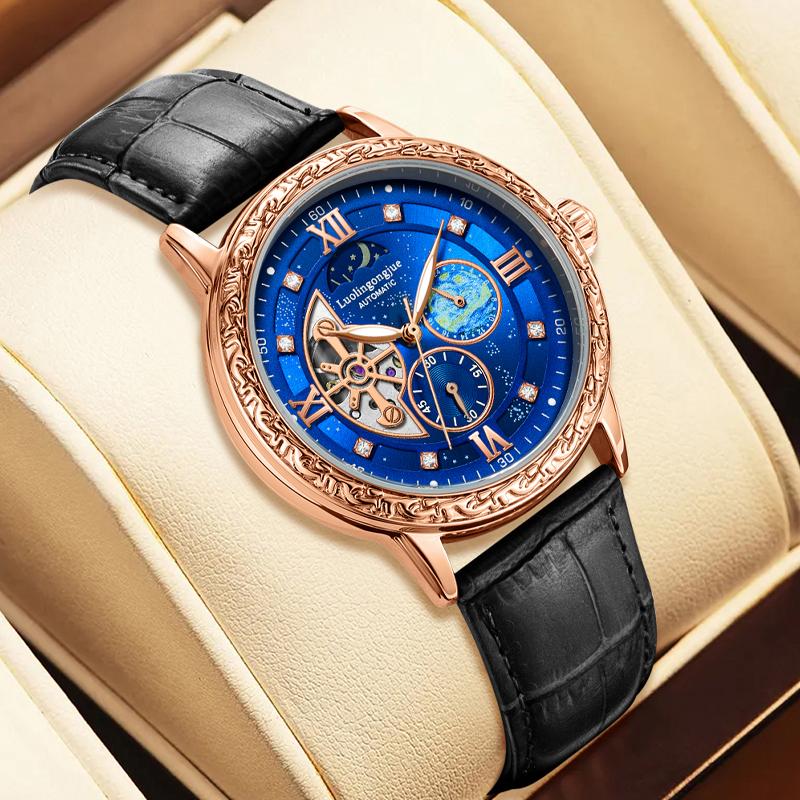 Montre Mécanique Automatique de Luxe pour Homme d'Affaires, avec un Design Squelette, Cadran Sculpté Rétro Élégant comme Cadeau Montres-Bracelets