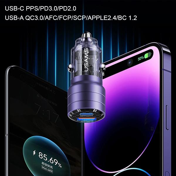 USAMS Car Charger C36 USB+USB-C 95WFast Charge Black/black CC176CC01 (US-CC176)