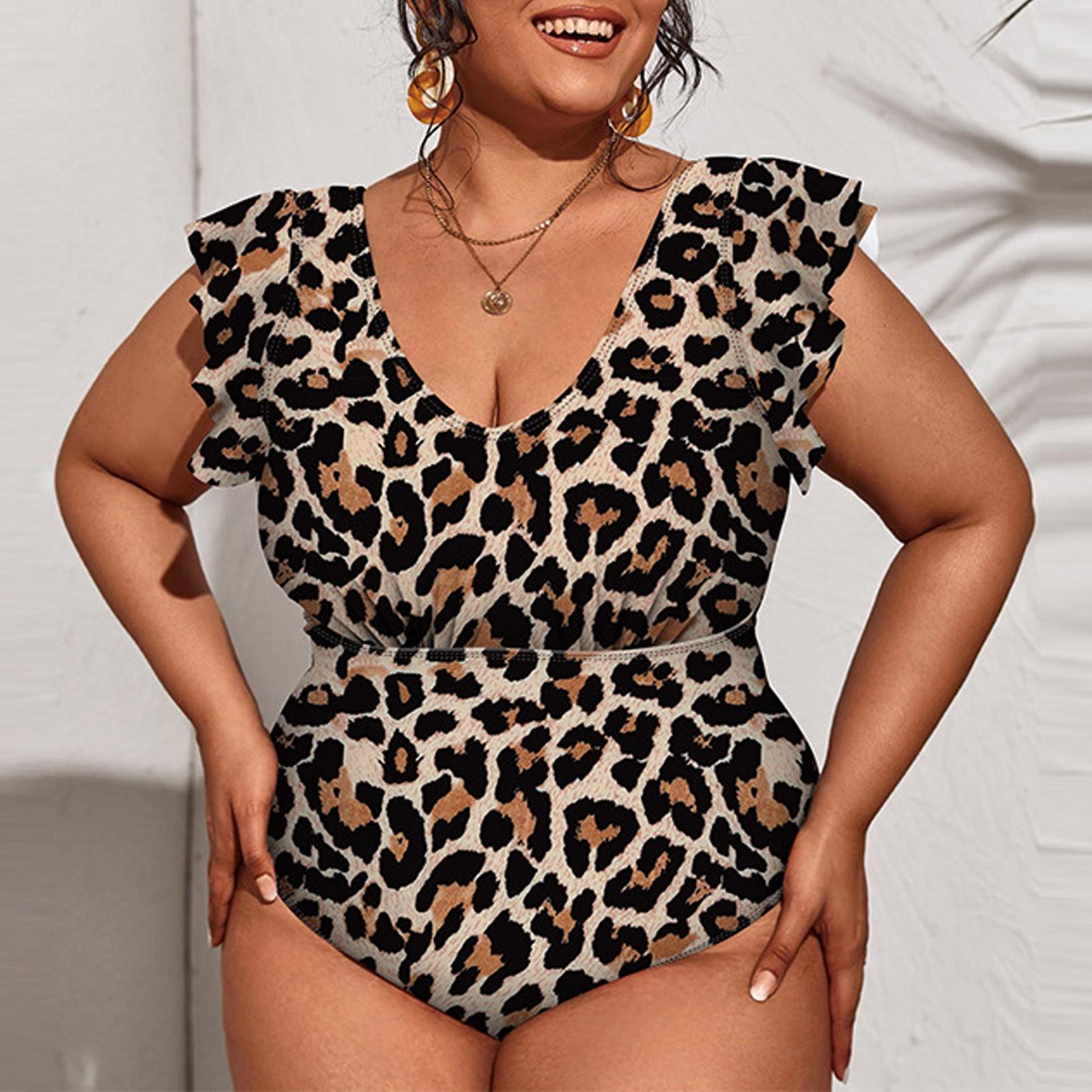 

Женский цельный купальник 2025 года, сексуальный, однотонный, с леопардовым принтом, с оборками и рукавами в виде листьев, топ-труба, повседневный, удобный, большой размер, пляжное бикини 0XL коричневый