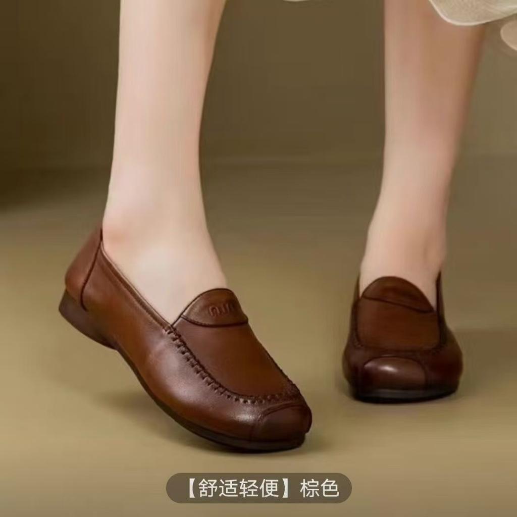 Autumn New Beef Tendon Soft Leather Soft Sole Shallow Mouth Single Shoes Comfortable Leather Shoes