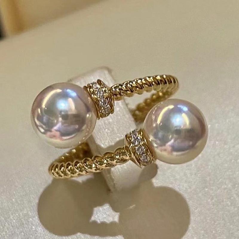 

Huitan Temperament Double Imitation Pearl Open Ring Twist Gold Color Band New Fashion Women s Accessories Wedding Zircon 2023 resizable