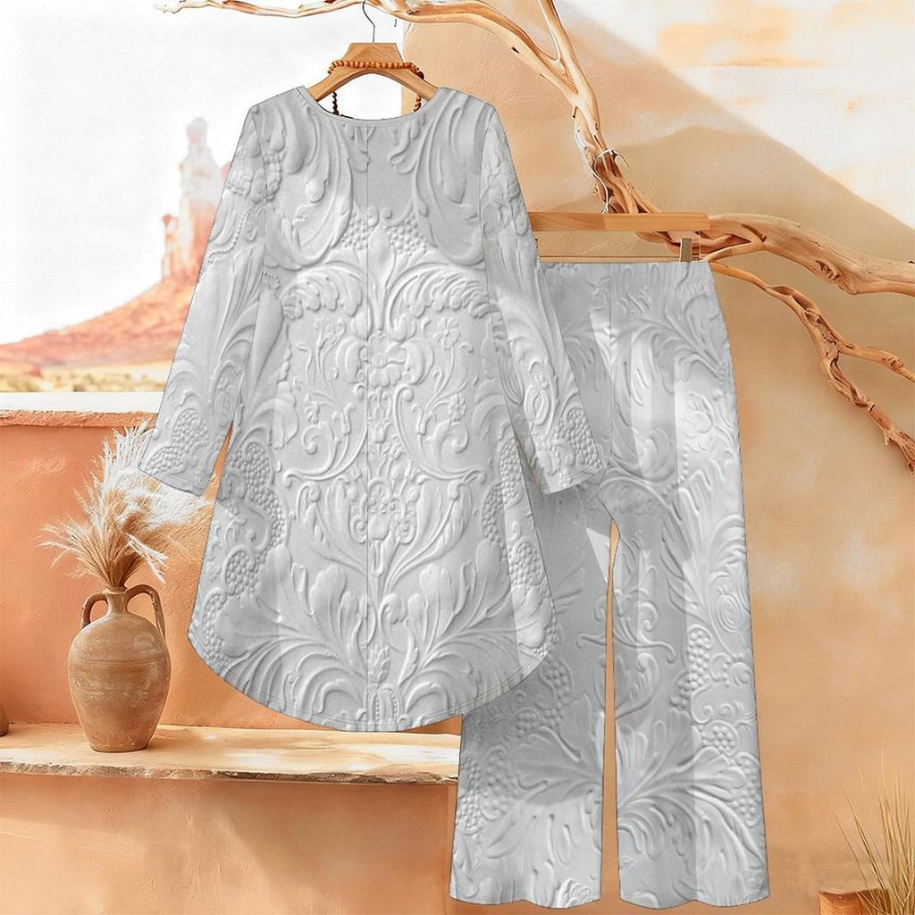 Distressed Floral Print Two Piece Outfit Women Long Sleeve Irregular Hem Tunic Top Wide Leg Pants Casual Matching Set