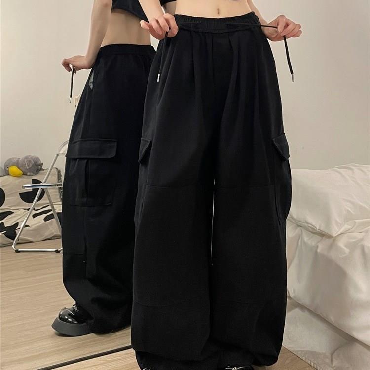 Women's Retro Wide-Leg Drawstring Cargo Pants - Multi-Pocket, Floor-Length, Casual Sport, Spring & Autumn.