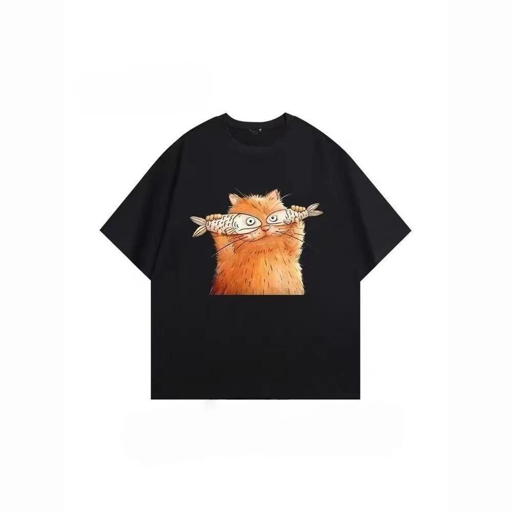 

Men s fun cat eye-covering pattern printed 100% pure cotton short-sleeved T-shirt, Kawaii style top 4XL